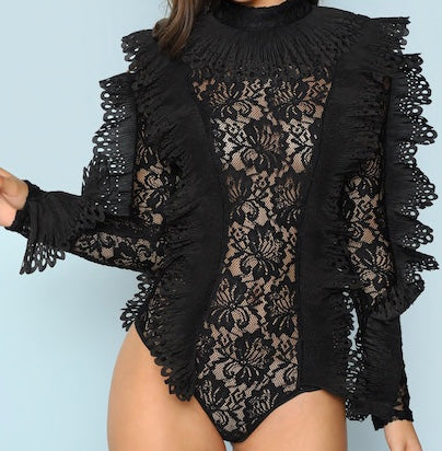 Black Lace Frill Sleeve Bustier Bodysuit